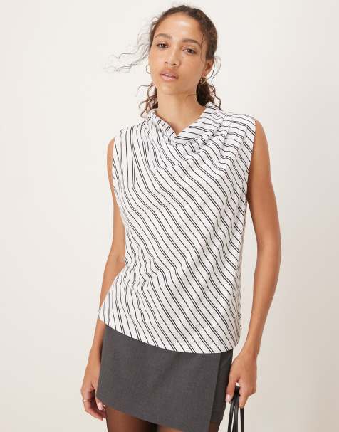 ASOS DESIGN – Top bez rękawów z drapowanym dekoltem w czarno-białe paski - view 1