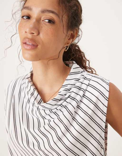 ASOS DESIGN – Top bez rękawów z drapowanym dekoltem w czarno-białe paski, 4 z 4