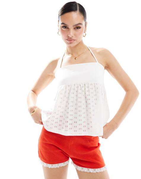 ASOS DESIGN - Top bianco allacciato al collo babydoll in pizzo con peplo - view 1