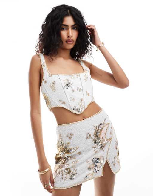ASOS DESIGN - Top bianco con decorazioni in paillettes a tema celestiale in coordinato