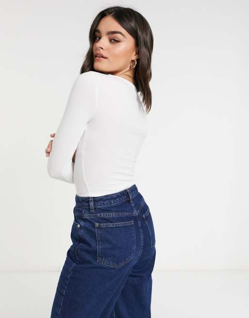 ASOS DESIGN - Top bianco con scollo a cuore con bustino arricciato e maniche lunghe, 2 di 4