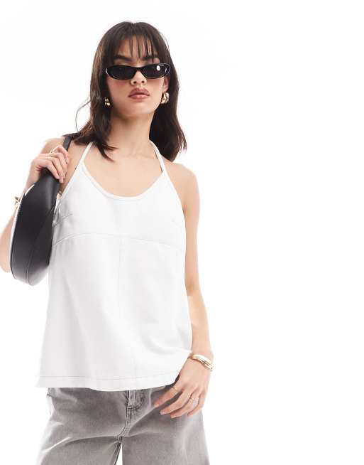ASOS DESIGN - Top bianco in denim allacciato al collo