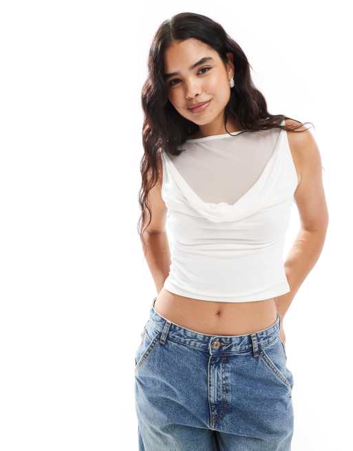 ASOS DESIGN - Top bianco in rete con scollo ad anello