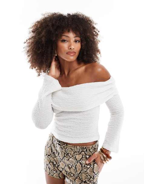 ASOS DESIGN - Top bianco testurizzato arricciato con scollo alla Bardot e maniche a pipistrello - view 1