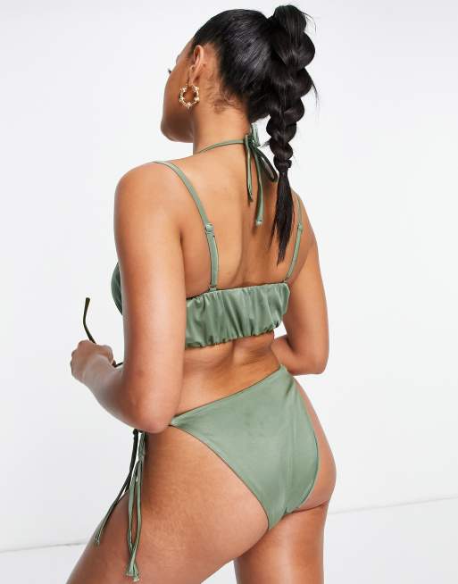 ASOS DESIGN - Top bikini a fascia plissettato con spalline kaki, 2 di 4