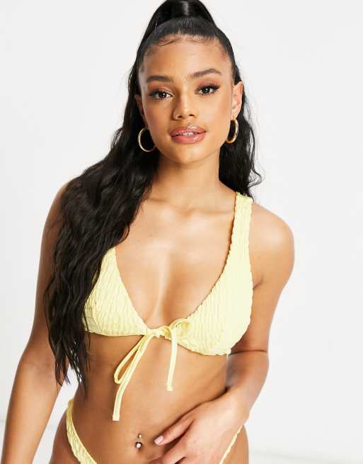 ASOS DESIGN - Top bikini a triangolo arricciato con allacciatura sul davanti giallo pastello, 3 di 4