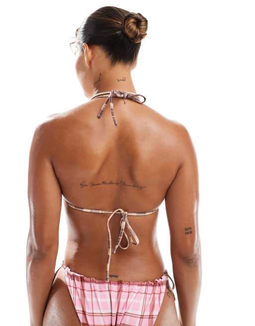 ASOS DESIGN - Top bikini a triangolo double-face marrone e rosa a quadri in coordinato, 2 di 4