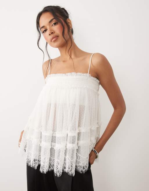 ASOS DESIGN - Top blanco escalonado de tirantes con volantes de plumeti, 4 de 4