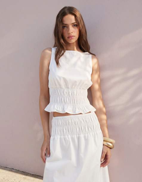 ASOS DESIGN - Top blanco fruncido con cuello barco (parte de un conjunto) - view 1