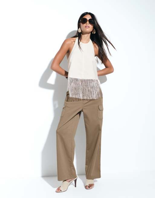 ASOS DESIGN - Top blanco marfil con cuello halter y flecos de mezcla de lino, 2 de 4