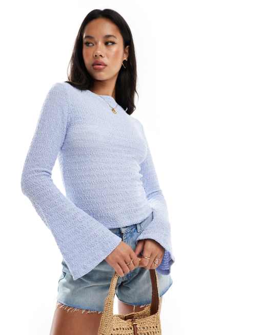 ASOS DESIGN - Top blu testurizzato con maniche a pipistrello