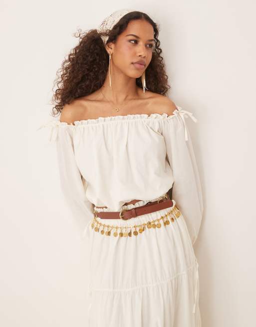 ASOS DESIGN - Top bohémien color écru con scollo alla Bardot in coordinato
