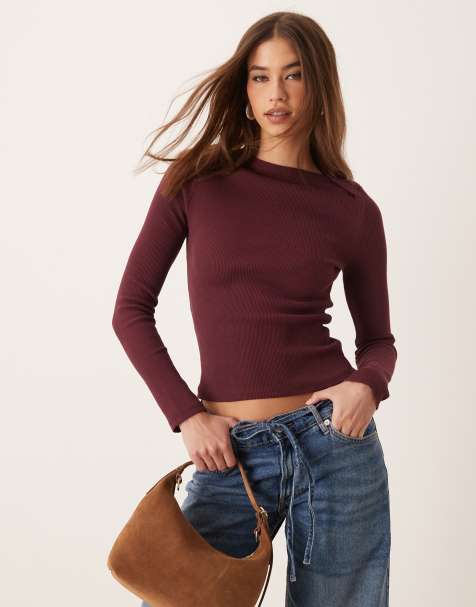 ASOS DESIGN - Top bordeaux a coste con scollo a barchetta e profili in rilievo - view 1