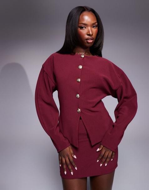 ASOS DESIGN - Top bordeaux a coste strutturato con maniche a palloncino e bottoni dorati - view 1