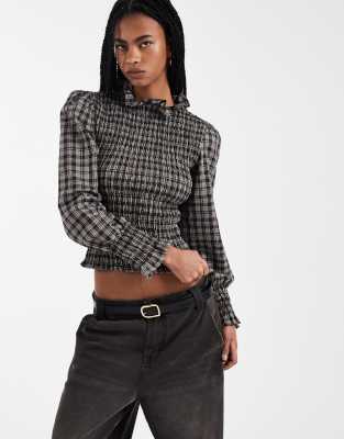 Top bouffant froncé à carreaux - Marron-Multicolore L