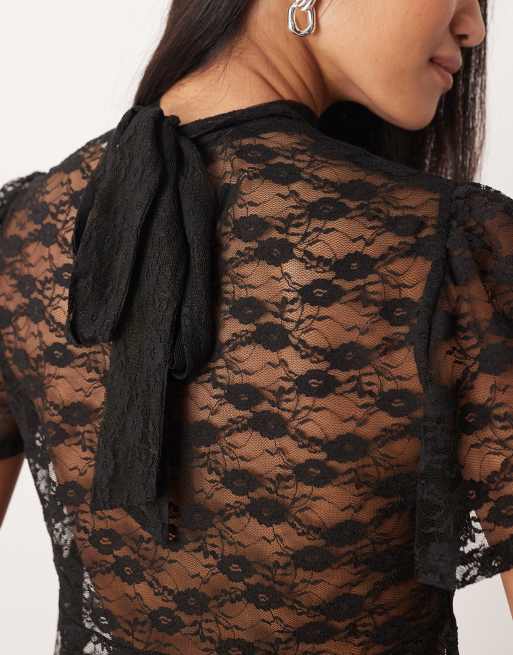 ASOS DESIGN - Top boutonné à manches évasées fluides en dentelle et liens à l'encolure - Noir, 3 de 4