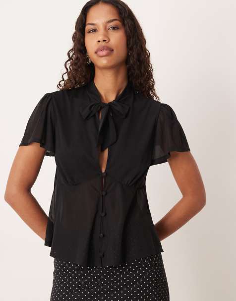 ASOS DESIGN - Top boutonné à manches évasées fluides en tulle et liens à l'encolure - Noir - view 1