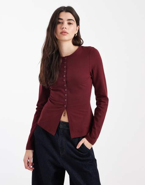 ASOS DESIGN - Top boutonné à manches longues en coton - Bordeaux - view 1