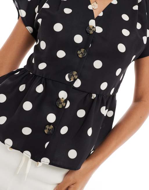 ASOS DESIGN - Top boutonné à pois en aspect lin avec ourlet à basque - Noir et blanc, 3 de 4