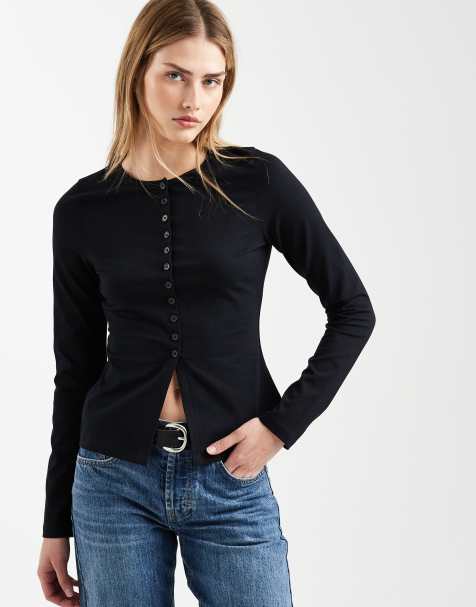 ASOS DESIGN - Top boutonné coupe longue en coton - Noir - view 1