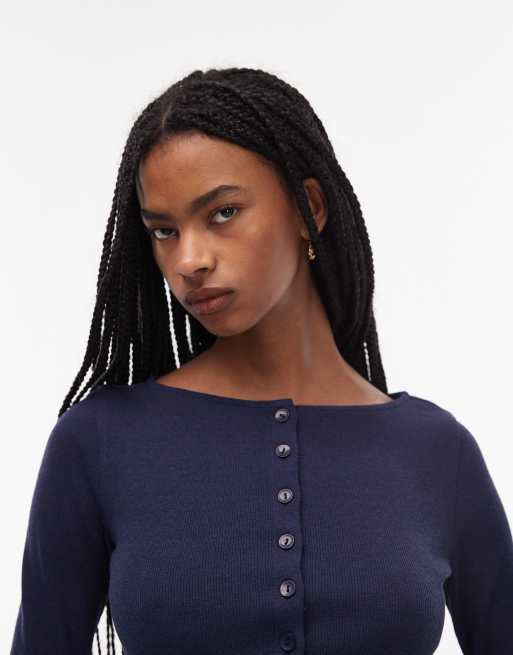 ASOS DESIGN - Top boutonné coupe nette en tissu finement côtelé - Bleu marine, 3 de 4
