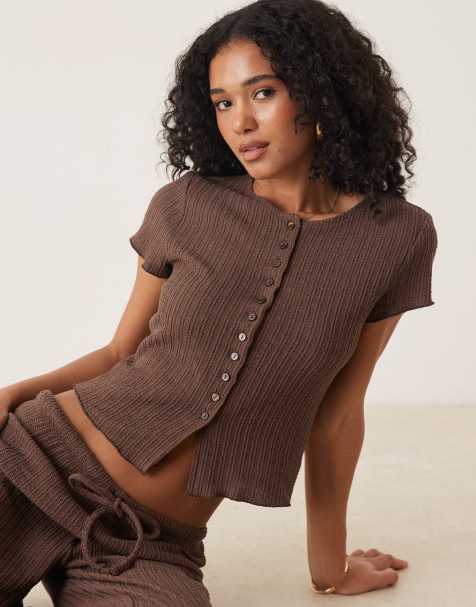 ASOS DESIGN - Top boutonné d'ensemble en maille au crochet avec manches courtes - Marron - view 1
