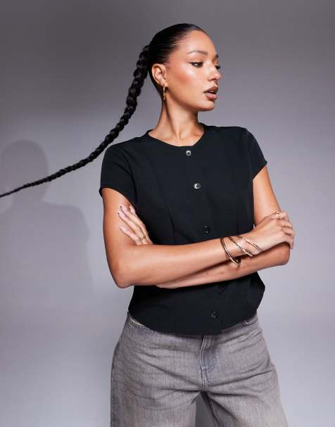ASOS DESIGN - Top boutonné devant à coutures apparentes et mancherons - Noir - view 1