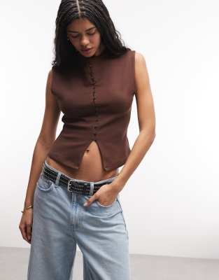 Top boutonné en coton compact à mancherons - Chocolat-Brown S