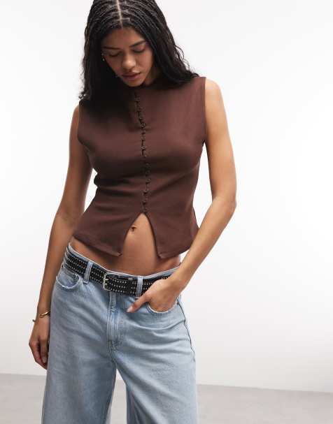 ASOS DESIGN - Top boutonné en coton compact à mancherons - Chocolat - view 1