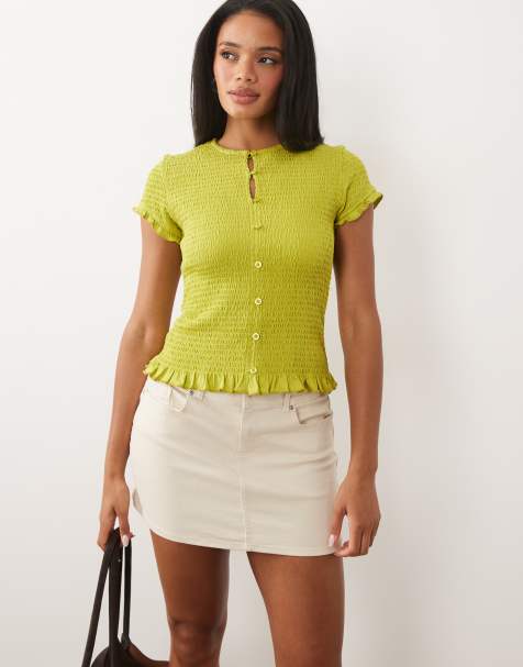 ASOS DESIGN - Top boutonné en coton froncé à manches courtes - Vert - view 1