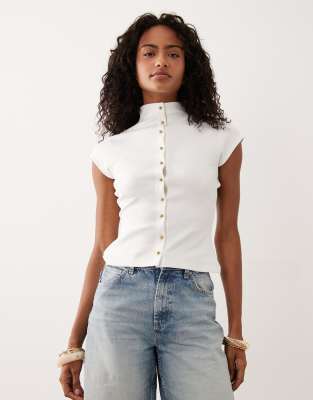 Top boutonné en maille interlock à col cheminée - Crème-Blanc S