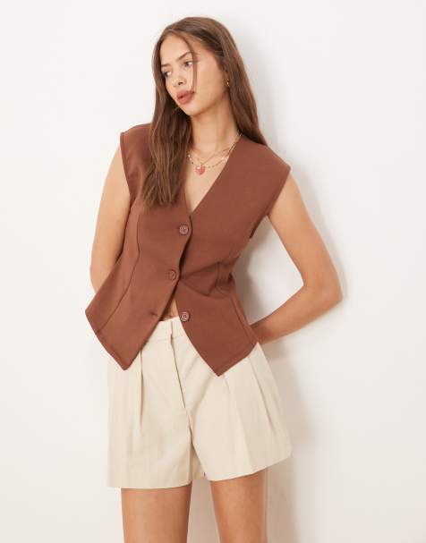 ASOS DESIGN - Top boutonné en maille interlock à col V - Marron - view 1