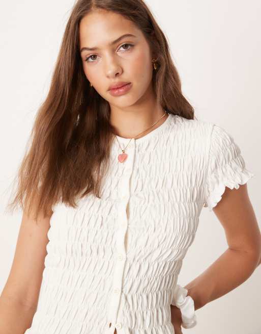 ASOS DESIGN - Top boutonné ras de cou en tissu froncé - Ivoire, 4 de 4