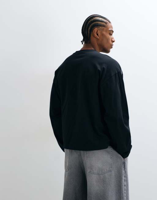 ASOS DESIGN top boxy oversize z długim rękawem i nadrukiem logo, czarny, 3 z 5