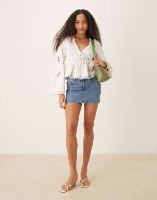 ASOS DESIGN - Top brodé effet froissé à manches longues avec liens devant et ourlet en dentelle - Blanc , 2 de 4