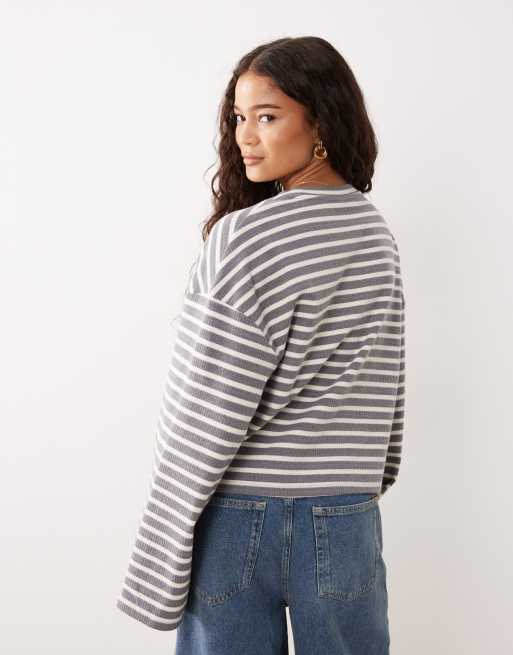 ASOS DESIGN - Top brossé à rayures et manches amples coupe carrée - Gris, 2 de 4