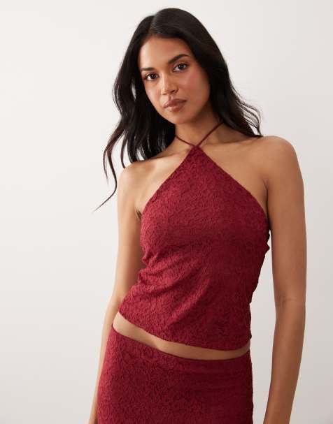 ASOS DESIGN - Top burdeos con cuello halter de encaje (parte de un conjunto) - view 1