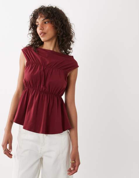 ASOS DESIGN - Top burdeos fruncido con cuello barco - view 1