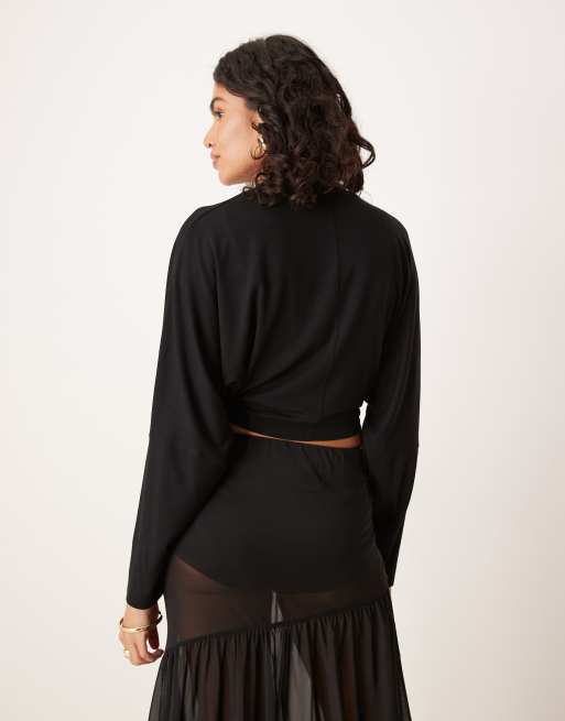 ASOS DESIGN - Top cache-cœur à manches chauve-souris longues - Noir, 4 de 4