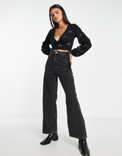 ASOS DESIGN - Top cache-cœur avec fleurs brodées - Noir, 4 de 4