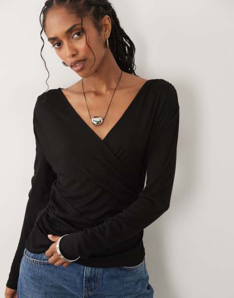 ASOS DESIGN - Top cache-cœur effet drapé à manches longues en jersey doux - Noir - view 1