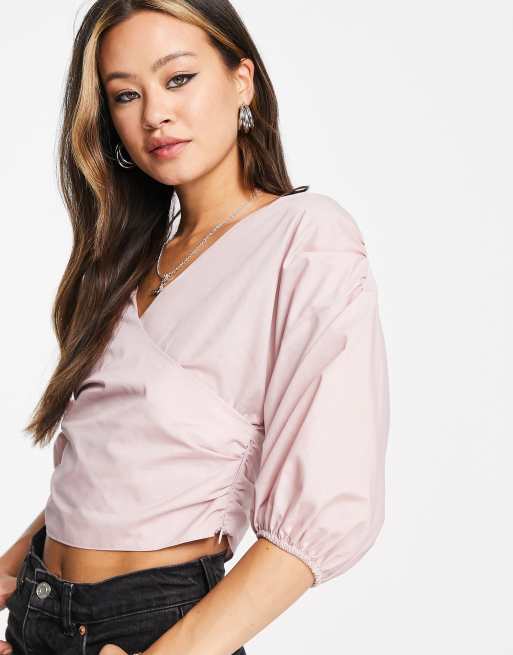 ASOS DESIGN - Top cache-cœur en coton à épaules tombantes avec manches volumineuses - Rose, 4 de 4