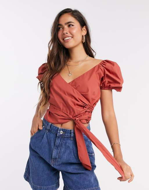 ASOS DESIGN - Top cache-cœur en coton à manches courtes - Rouille