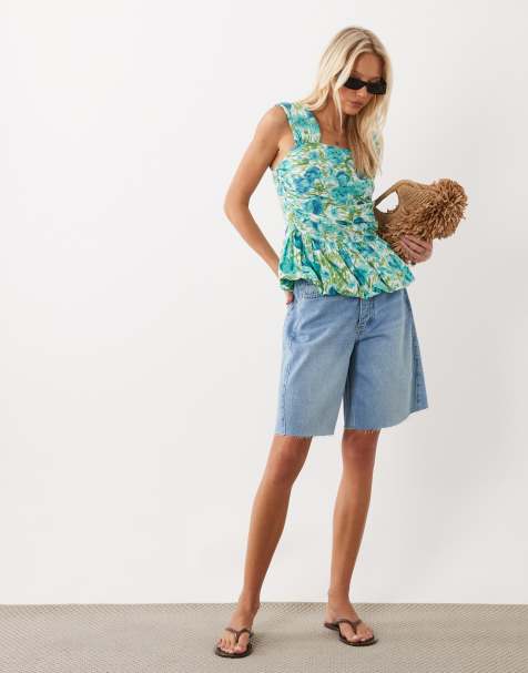 ASOS DESIGN top cami con peplo voluminoso a fiori blu - view 1