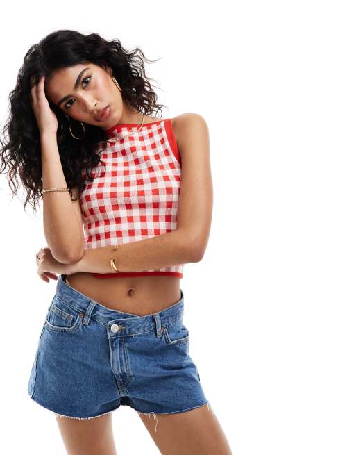 ASOS DESIGN - Top canotta in maglia a quadretti rossi