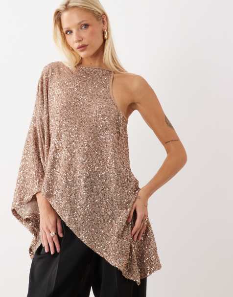 ASOS DESIGN top capa asimétrico de lentejuelas con una manga en dorado - view 1