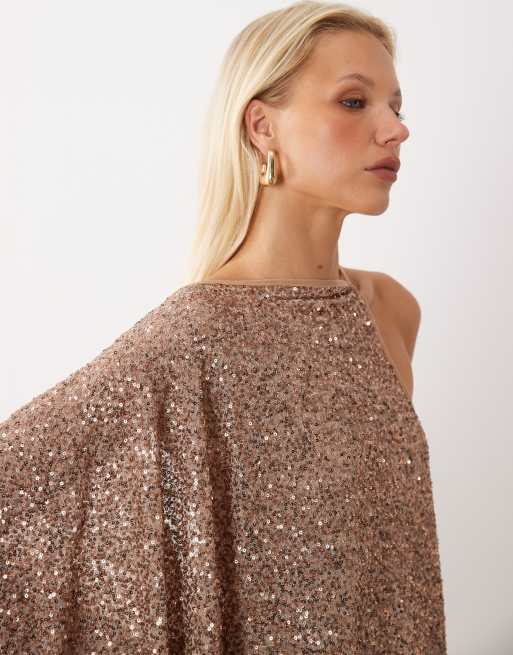 ASOS DESIGN top capa asimétrico de lentejuelas con una manga en dorado, 3 de 4