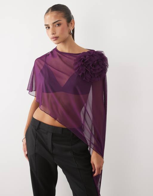 ASOS DESIGN top capa de malla drapeada con corsage en morado, 2 de 4