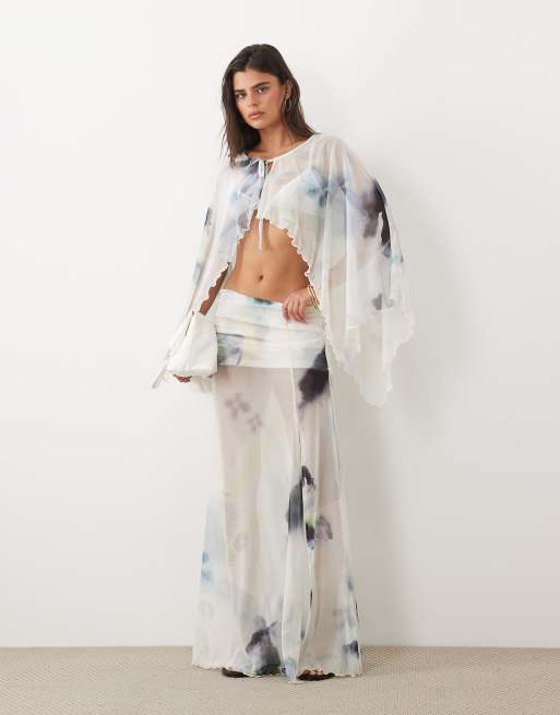 ASOS DESIGN - Top cape d'ensemble en tulle imprimé fleuri - Bleu, 2 de 4