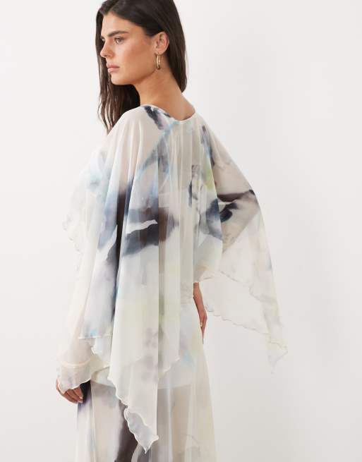 ASOS DESIGN - Top cape d'ensemble en tulle imprimé fleuri - Bleu, 4 de 4
